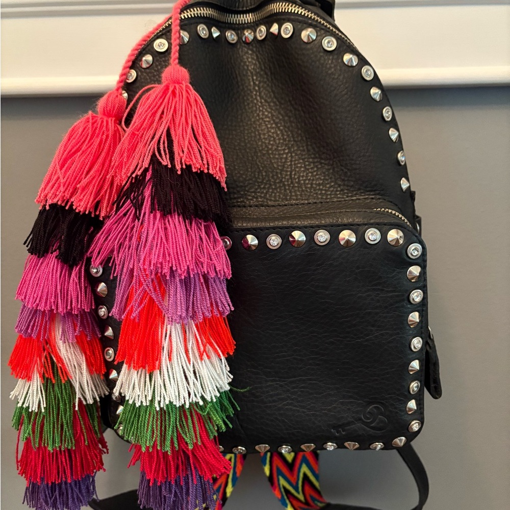 Black Studded Backpack with Colorful Tassels
